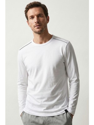 elemge %100 Pamuk Süprem Uzun Kollu Pijama Üstü Erkek T-Shirt Compact Penye Rahat Kalıp Tok Kumaş Beyaz