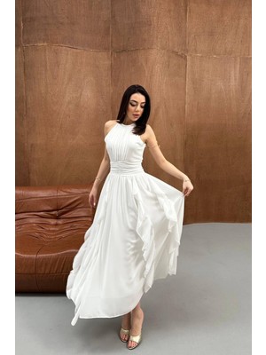 Lokadi Kadın Önü Büzgülü Fırfırlı Uzun Elbise