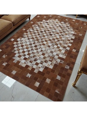 Kahverengi Merkezli Bej ve Koyu Kahverengi Tonlu Dana Derisi Patchwork
