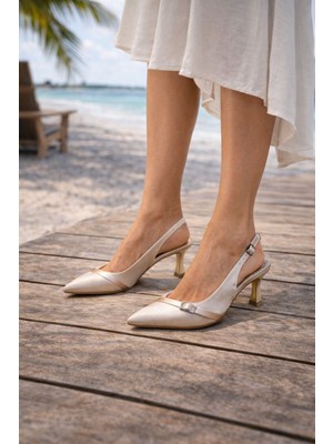 Akkurt Ayakkabı Gold Saten Topuklu Ayakkabı, Gold Renk Saten Abiye Ayakkabı