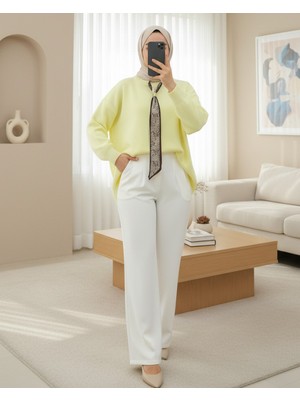 Modamorfo Yuvarlak Yaka Fularlı Salaş Triko Tunik -Açık Sarı