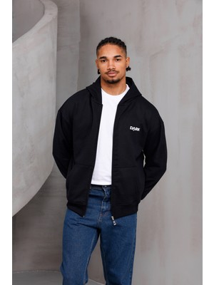 Erkek Overfit Baskılı Fermuarlı Kapüşonlu Hırka