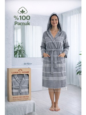 Luna %100 Pamuk Peştemal Bornoz Kapüşonlu Unisex- Koyu Gri