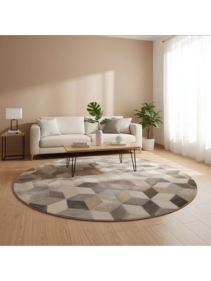 Gri-Bej Geometrik Yuvarlak Patchwork Dana Derisi Halı