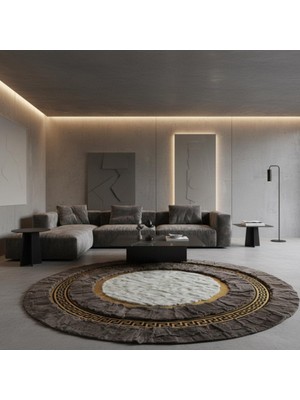 Gri Tonlarında Yuvarlak Dana Derisi Patchwork Halı – El Yapımı, Doğal Deri ve Dekoratif Halı