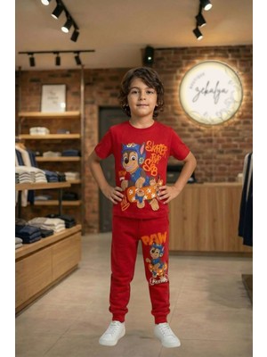 Zekalya Erkek Çocuk Paw Patrol Baskılı Süprem Penye Üst ve 2 Iplik Alt Takım Kırmızı