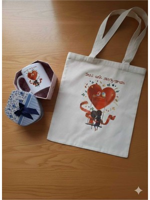 Seni Seviyorum Aşk Sevgili Kupa Bardak & Bez Çanta Hediye Seti Hediye Kutusu Ile