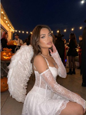 Lokadi Kadın Korseli Askılı Gloplu Dantel Mini Vong Elbise