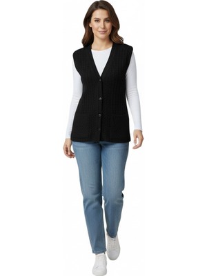 Ece Giyim Kadın Önü Düğmeli Cepli Merserize Yelek