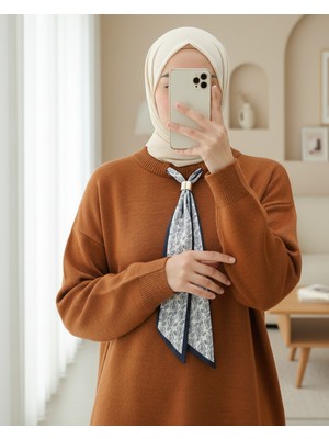 Modamorfo Yuvarlak Yaka Fularlı Salaş Triko Tunik -Kiremit