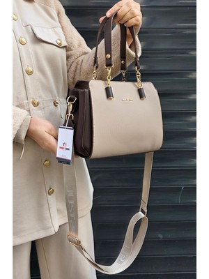 Just Polo Orijinal Kadın Büyük Boy Bölmeli Omuz Çantası Bej Renkli Deri Materyal ile Şık Görünüm