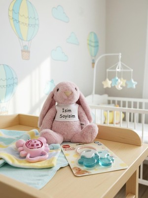 Toyaso Kişiye Özel Uyku Arkadaşım Pembe Tavşan Peluş & 2li Diş Kaşıyıcı & Çıngırak Bebek Hediye Set