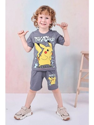 Yağmur Giyim Pjkskt Pikachhu Desenli Füme Şortlu Erkek Çocuk Kısa Kol Takım 7609-F