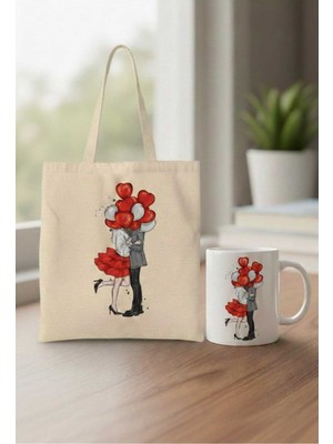 Sevgililer Günü Sevgiliye Hediye Bez Çanta ve Beyaz Kupa Hediye Seti Yıldönümü