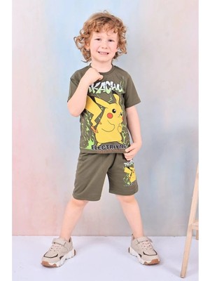 Yağmur Giyim Pjkskt Pikachhu Desenli Haki Şortlu Erkek Çocuk Kısa Kol Takım 7609-H