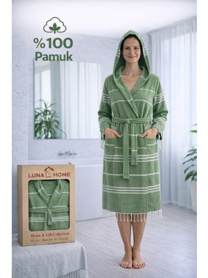Luna %100 Pamuk Peştemal Bornoz Kapüşonlu Unisex- Koyu Yeşil