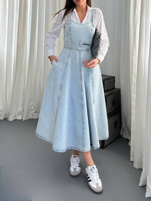 Lokadi Kadın Midi Boy Bantlı Kot Elbise