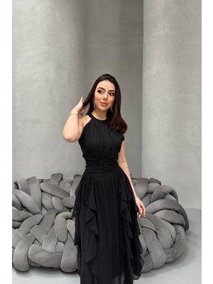 Lokadi Kadın Önü Büzgülü Fırfırlı Uzun Elbise