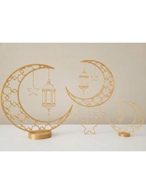 Midori Works Midoriworks Ramazan Özel 3'lü Dekor Seti - Gold Hilal, Yıldız ve Fener Temalı Masaüstü & Duvar Süsü