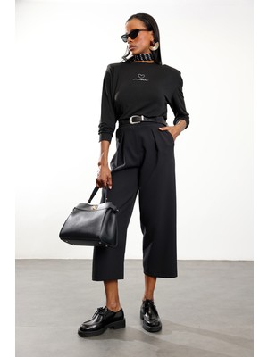 5in1Canpolat Siyah Pile Detaylı Düz Kesim Kumaş Pantolon 1606