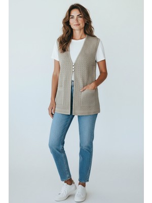 Ece Giyim Kadın Önü Üç Düğmeli Cepli Merserize Yelek