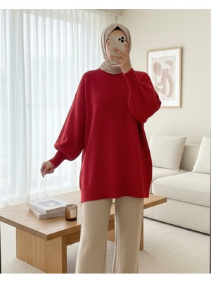 Modamorfo Yuvarlak Yaka Balon Kol Salaş Triko Kazak   -Nar Çiçeği