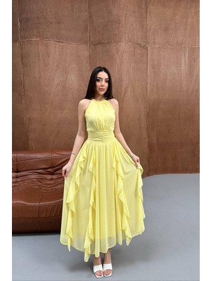 Lokadi Kadın Önü Büzgülü Fırfırlı Uzun Elbise