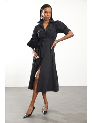 5in1Canpolat Siyah Kuşaklı Gömlek Yaka Elbise 0045