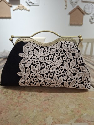 Atolye Dekor Kadife Güpür Detaylı Çanta