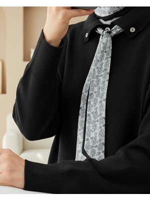 Modamorfo Polo Yaka Fularlı Yırtmaçlı Salaş Triko Tunik  -Siyah