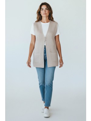 Ece Giyim Kadın Önü Üç Düğmeli Cepli Merserize Yelek