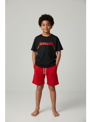 Makiteks Kız Erkek Çocuk Şort Tişört Takım Rock 5 6 7 8 9 10 11 12 13 14 Yaş Tshirt Metalica