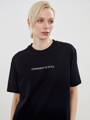 Lc Waikiki Yeni Sezon Bisiklet Yaka Baskılı Oversize Kadın Tişört