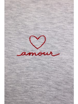 5in1Canpolat Gri Amour Yazı Nakışlı Vatkalı Bluz 18075