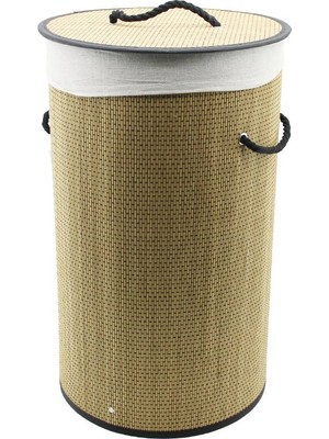 Veralya Yuvarlak Hasır - Ahşap Kirli Çamaşır Sepeti 37X60CM Seyyar Kapaklı Içi Bezli Ip Kulplu