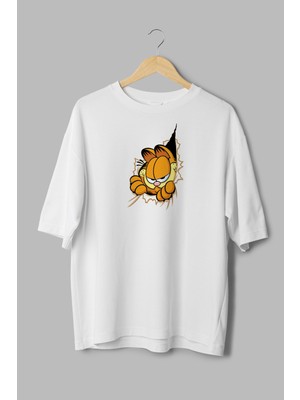 Overoz Kedi Garfield Baskılı Yarı Oversize Beyaz T-Shirt 1139