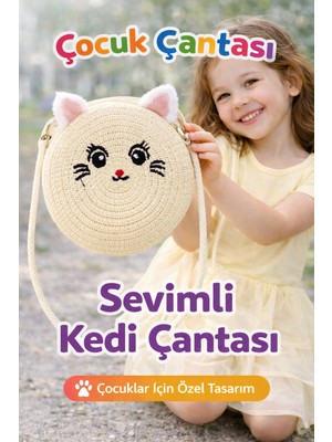 Selvira Kız Çocuk Hasır Kedi Figürlü Omuz Çantası – Yuvarlak Tasarım, Ayarlanabilir Askılı, Hafif ve Şık