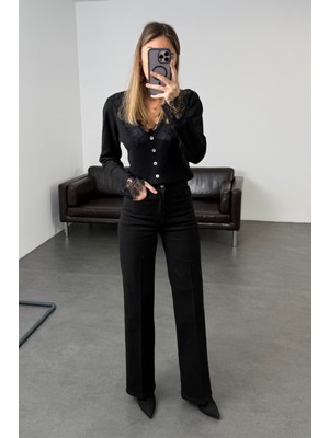 5in1Canpolat Siyah Yüksek Bel Düz Kesim Jean 1005