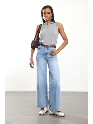 5in1Canpolat Mavi Yüksek Bel Cebi Dikişsiz Wide Leg Jean