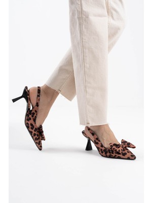 Mevese Leopar Desenli Fiyonk Detaylı Arkası Açık (Slingback) Kısa Kitten Topuklu Kadın Ayakkabı