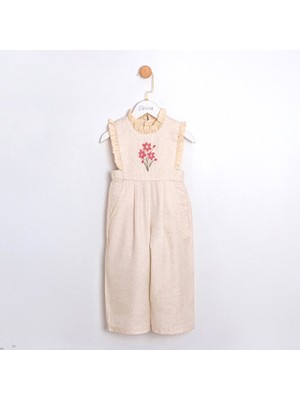 ministok Tany Nakış Detaylı Kız Çocuk Keten Görünümlü Tulum