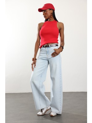 5in1Canpolat Açık Mavi Orta Bel Dikişli Wide Leg Jean