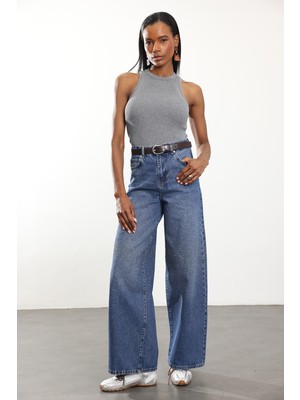 5in1Canpolat Mavi Taşlı Yüksek Bel Wide Leg Jean 5045