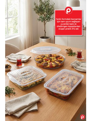 Pazarika 3’lü Borcam Kapağı Seti Şeffaf Plastik Saklama Kapağı Kare Dikdörtgen ve Yuvarlak Uyumlu