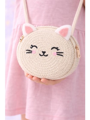 Selvira Kız Çocuk Hasır Kedi Figürlü Omuz Çantası – Yuvarlak Tasarım, Ayarlanabilir Askılı, Hafif ve Şık