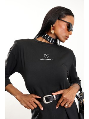 5in1Canpolat Siyah Amour Yazı Nakışlı Vatkalı Bluz 18075