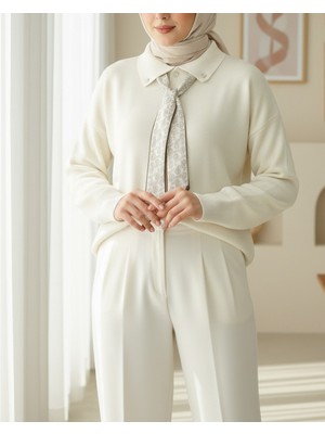 Modamorfo Polo Yaka Fularlı Yırtmaçlı Salaş Triko Tunik  -Krem