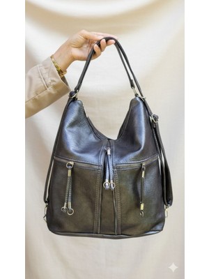 Kadın Yumuşak Deri Çok Bölmeli Büyük Boy Sırt ve Omuz Çantası (41X33 Cm)