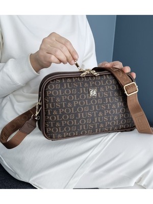 Kadın Kahverengi 5 Bölmeli Monogram Baskılı Omuz ve Çapraz Çantası
