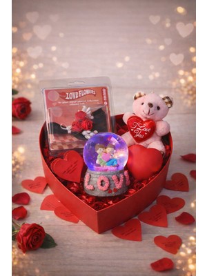 Sevgililer Gününe Özel Kalp Kutuda Ayıcıklı Işıklı Kalpli - Kar Küresi ve Mini Buket Hediye Seti 01